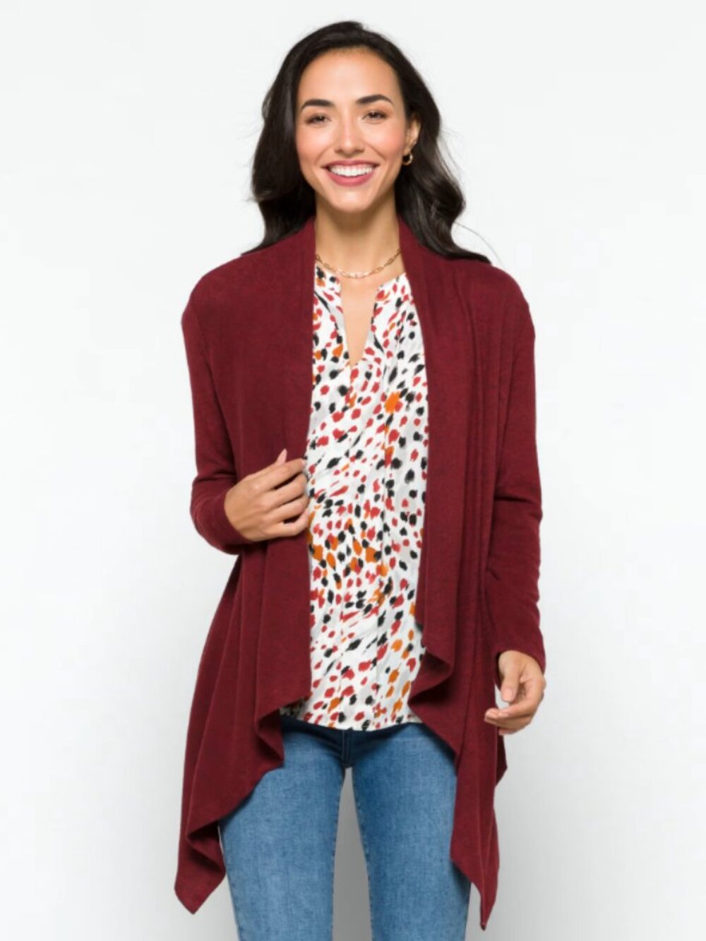 Bobeau Burgundy Draped Waterfall Open Front Cardigan Soft Layer Medium